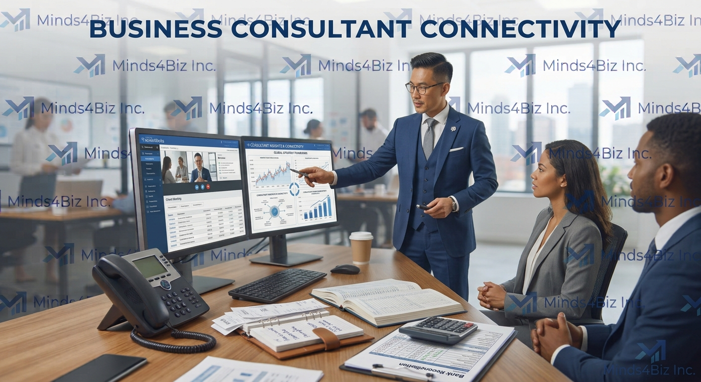 Six professionals in a modern office discuss a growth strategy; a large whiteboard with a flowchart.